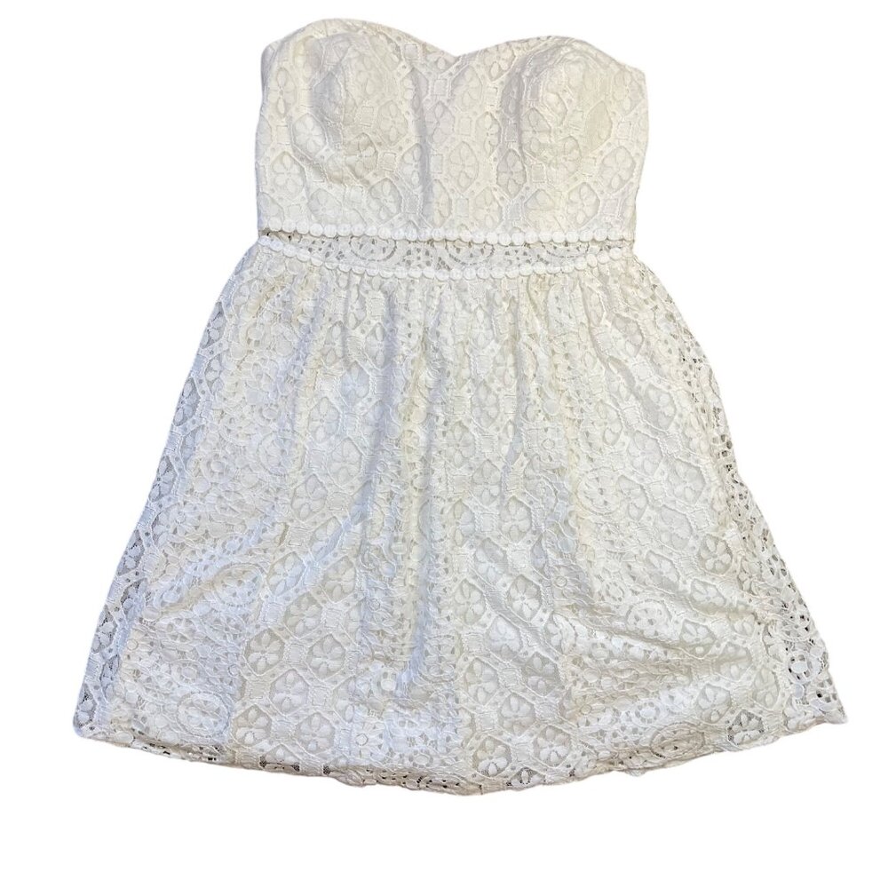 Lilly Pulitzer Brett Strapless Mini Dress Womens Medium White Floral Lace Pocket